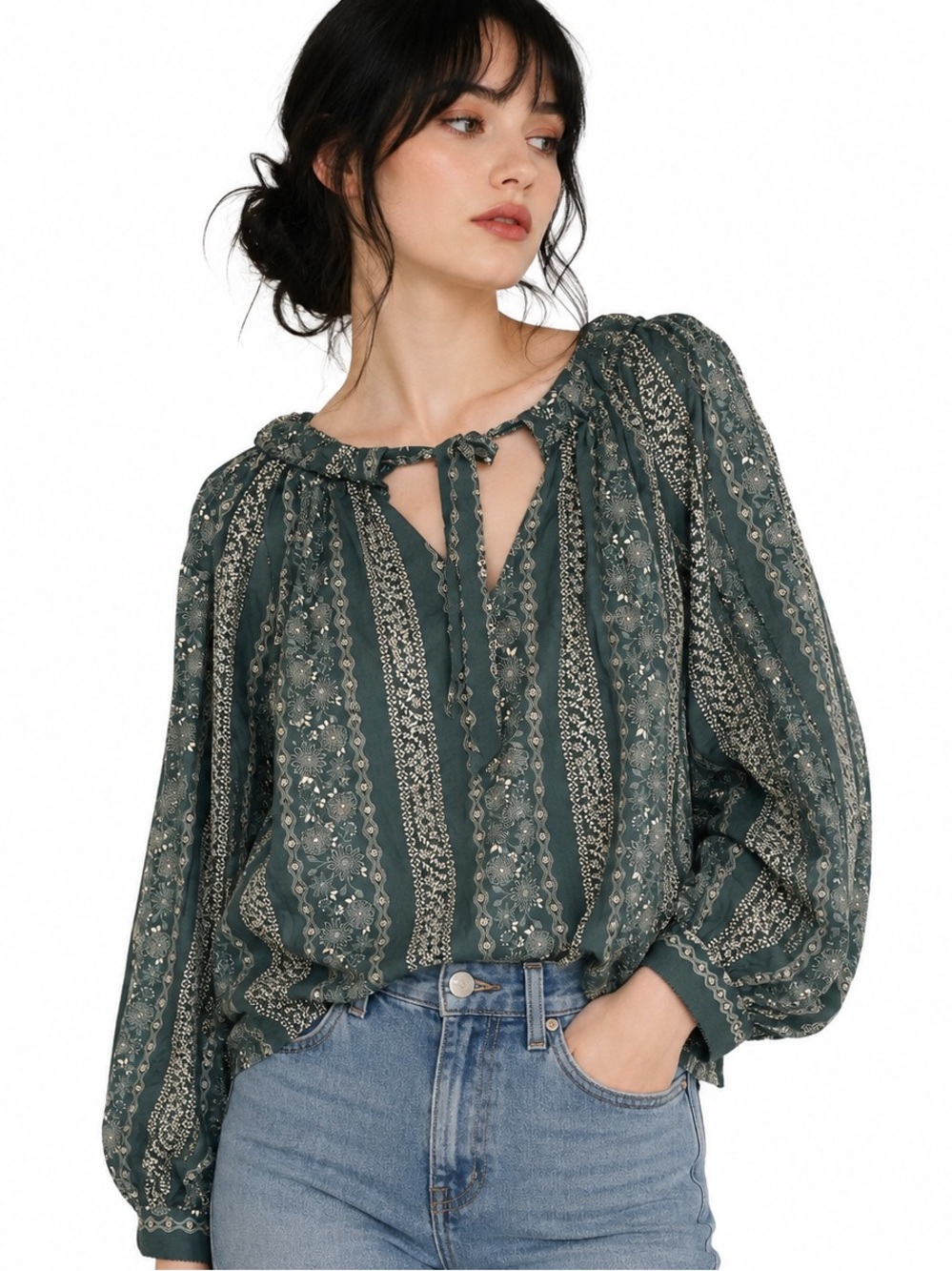 100% Cotton Bohemian Teal & White Floral Blouse - size medium